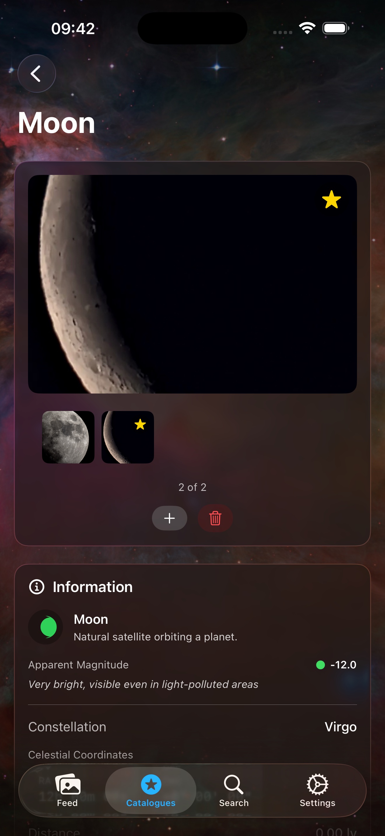 Object detail view on iPhone: the user's photographs, apparent magnitude and constellation