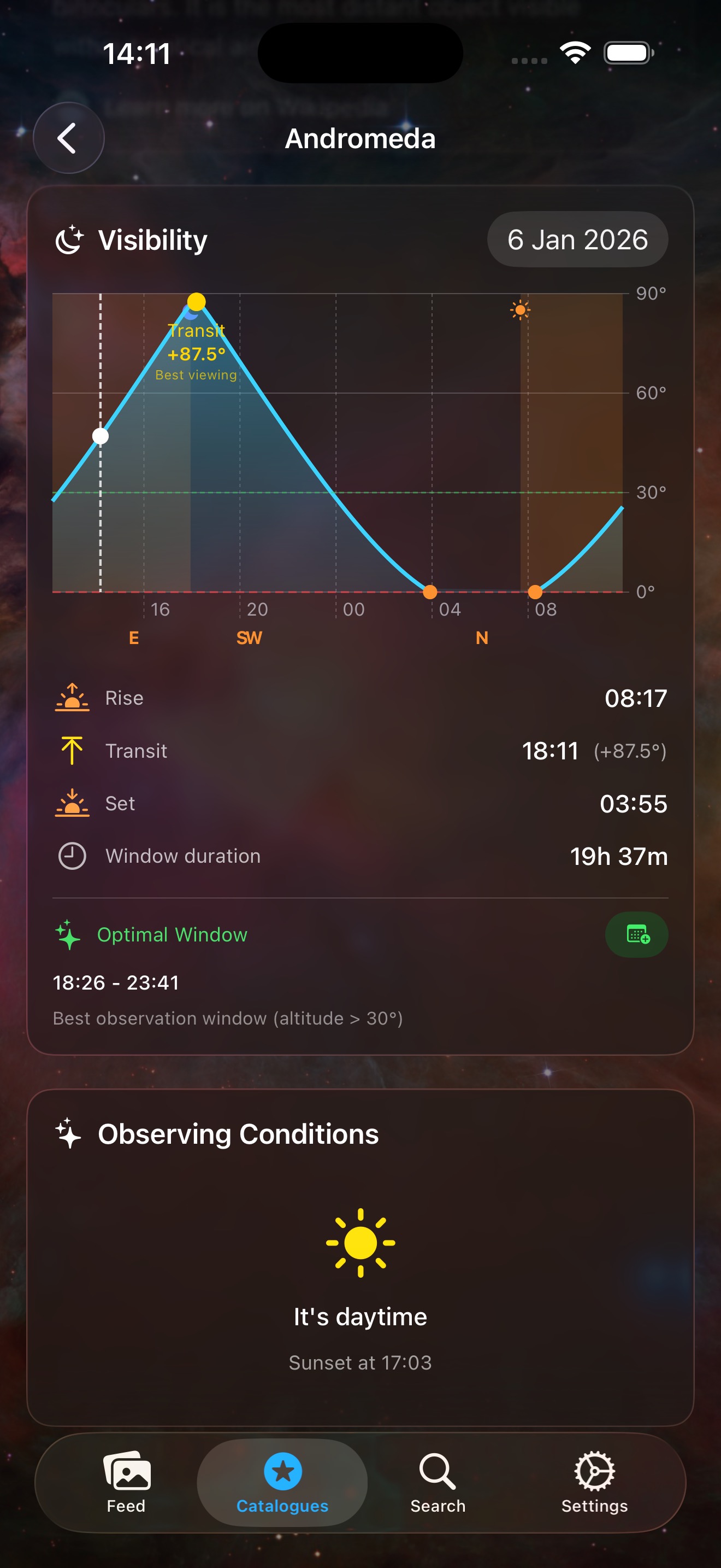 Observation planner on iPhone: a 24-hour visibility chart