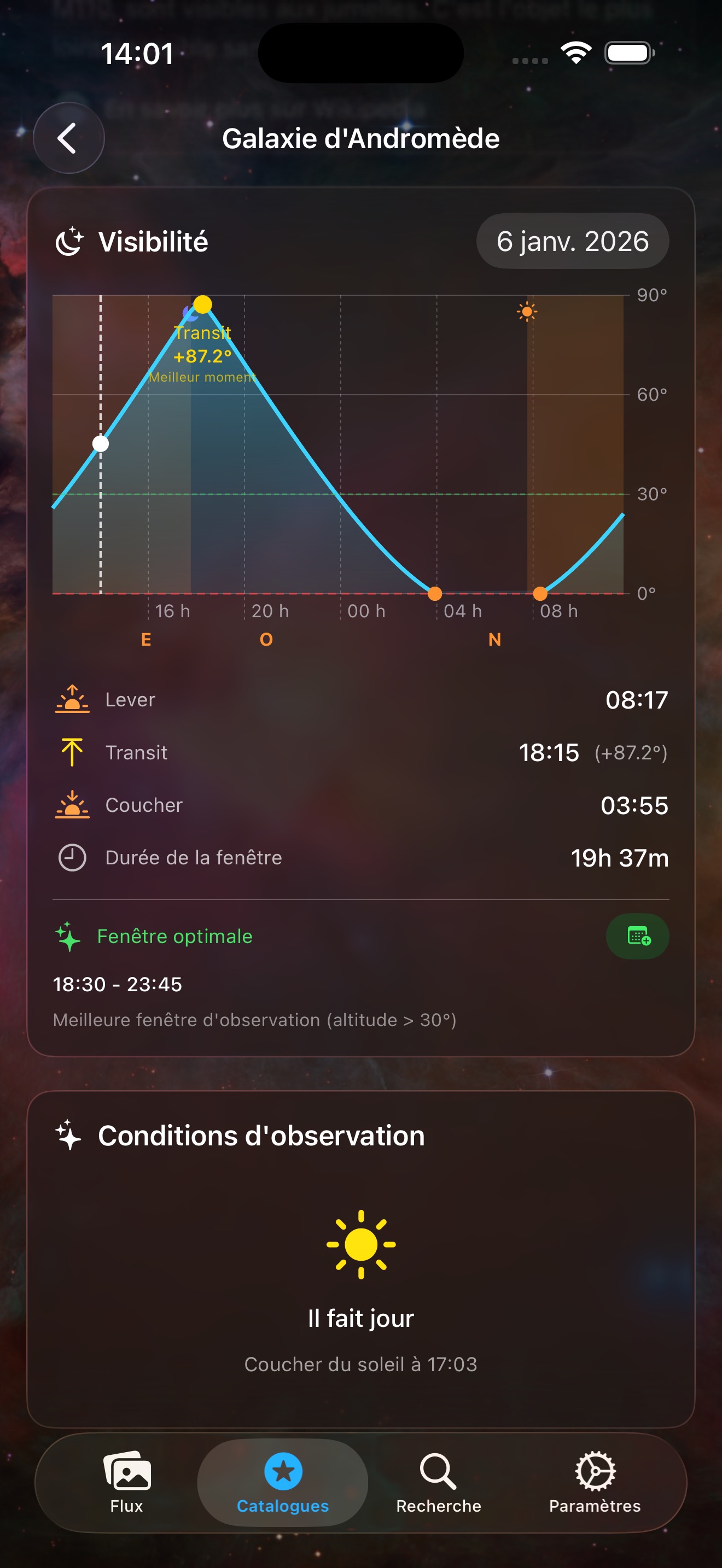 Planificateur d'observation sur iPhone : graphique de visibilité sur 24 heures