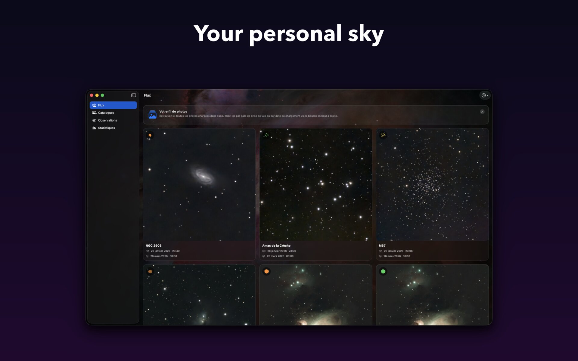 AstroCollect on Mac: sidebar and observation feed in a wide window