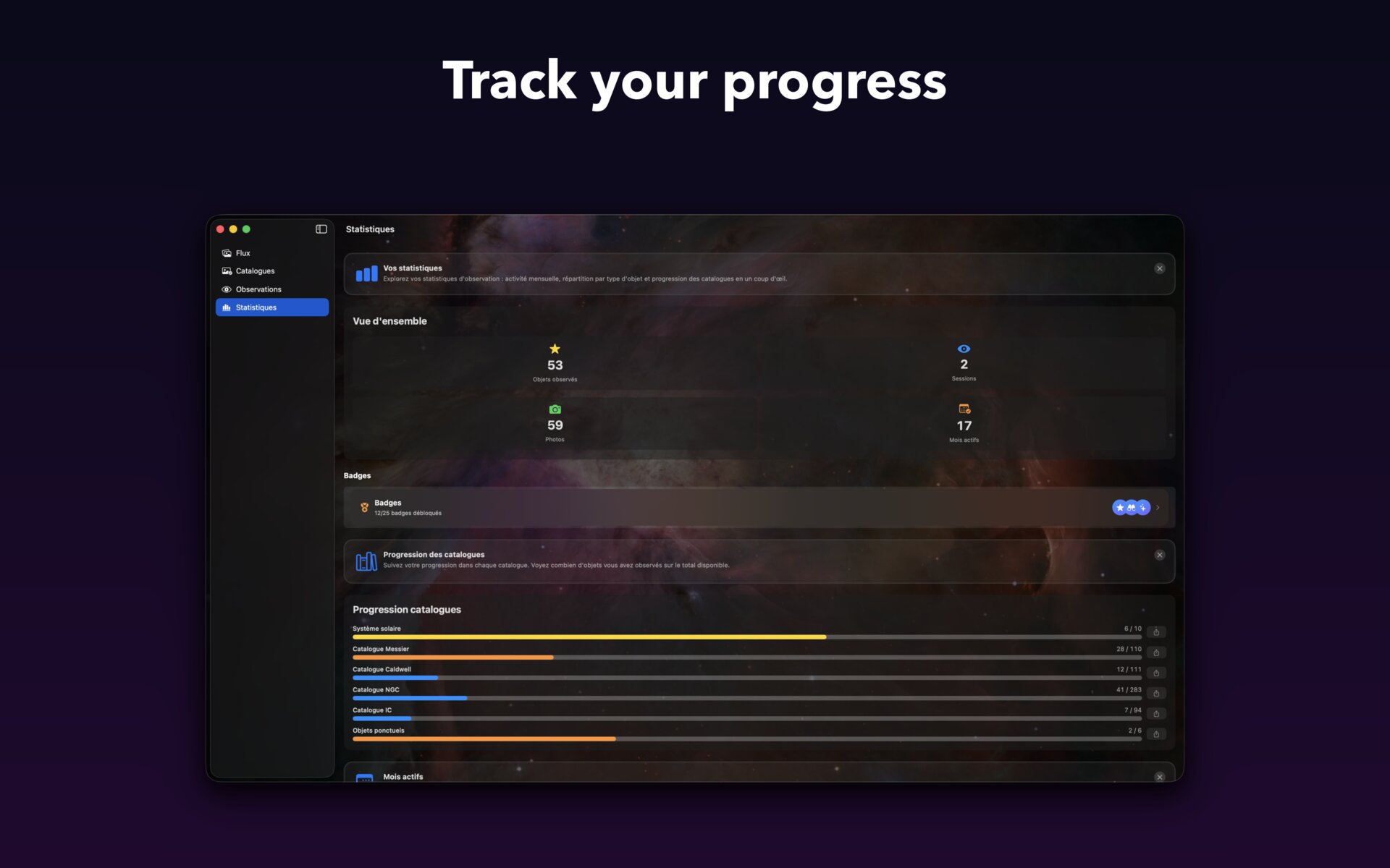 Statistics on Mac: progress per catalogue and breakdown by object type