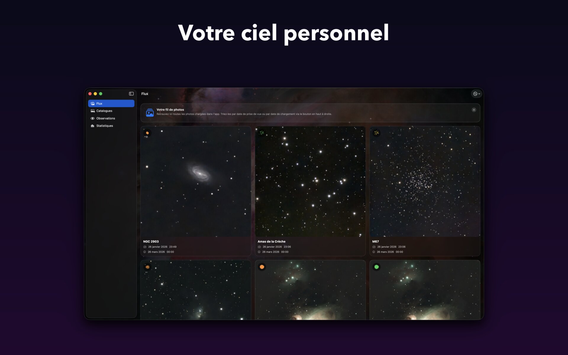 AstroCollect sur Mac : barre latérale et fil d'observations en fenêtre large