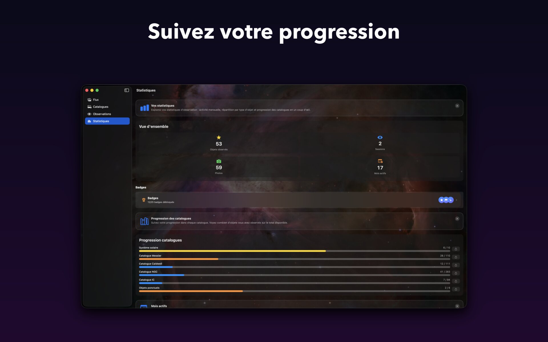 Statistiques sur Mac : progression par catalogue et répartition par type d'objet
